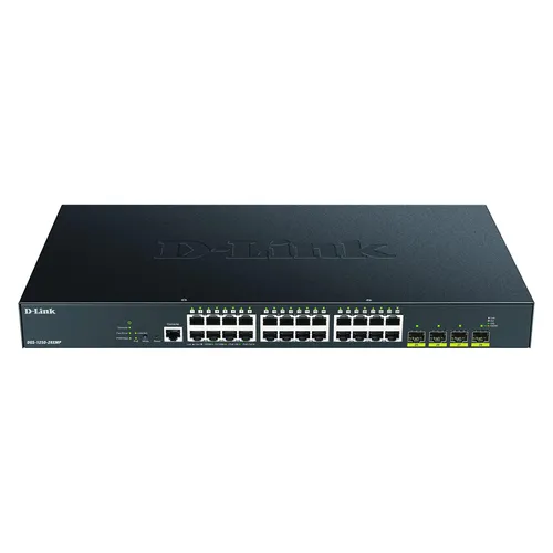 DGS 1250-28XMP Netzwerk-Switch - L3 Lite Smart Switch mit 24 PoE-Ports und 4 10G SFP+ Anschlüssen, ideal für leistungsstarke Netzwerkinfrastrukturen und Rack-Montage.