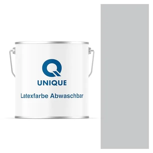 Q UNIQUE Latexfarbe ABWASCHBAR 5L (ca.35m2) Hellgrau, Waschbare, hochdeckende, tiefmatte Latexfarbe auf Basis von Ethylen-Vinylacetat-Copolymer. VOC-frei, geeignet für Wände/Decken in Innenräu