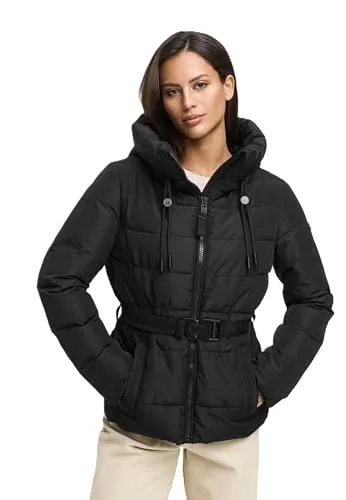 MARIKOO Damen Winterjacke N073 - Steppjacke mit Kapuze und Taillengürtel - Schwarz Größe S - Robuste Steppjacke aus 100% Polyester mit weichem Fleecefutter für warmen Tragekomfort. Die integrierte Kapuze und der elastische Taillengürtel sorgen für optimalen Schutz und eine individuelle Passform.