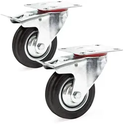 Wiltec Doppelstopp-Lenkrollen Set 2x Vollgummirad Transportrolle 100mm bis 70kg pro Rad mit Feststellbremse und Anbauplatte, leiser Lauf, Transport...