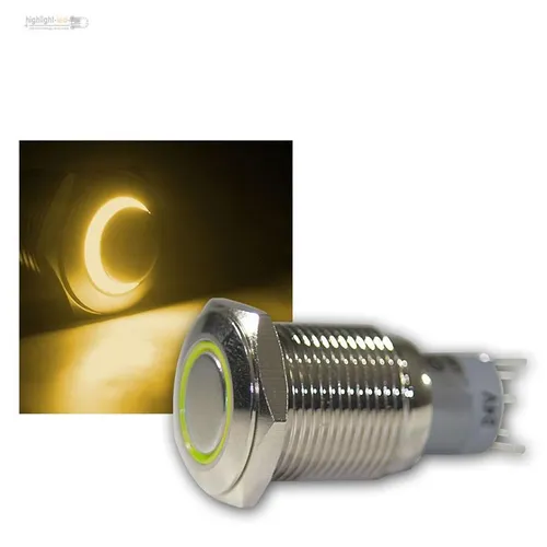 Schalter aus Metall mit LED-Beleuchtung Gelb, max. 230V/3A, Druckschalter rund