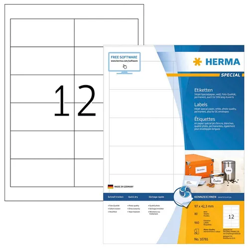 HERMA 10781 Adressetiketten für Inkjet Drucker - Adressaufkleber, 960 selbstklebende Etiketten für brillante Drucke in Foto-Qualität, umweltfreundlich mit lösemittelfreiem Haftkleber.