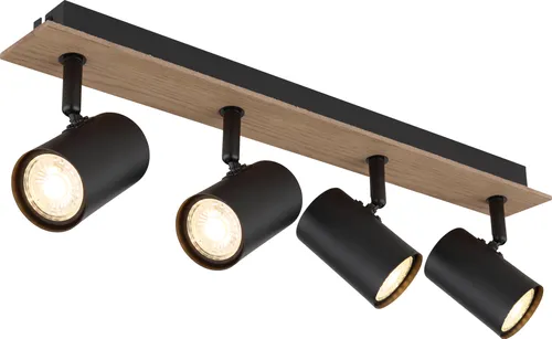 Moderne Deckenleuchte mit schwenkbaren Spots – Holz und Metall - Lampen – Stilvolle Deckenlampe aus mattem Metall und MDF in Holzoptik, mit 4 schwenkbaren GU10 Fassungen für individuelle Lichtakzente und gemütliche Atmosphäre.