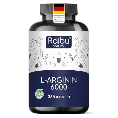 Hochdosierte L-Arginin Kapseln - 6000 mg pro Tagesdosis - 365 Vegane Kapseln von Raibu - Aminosäure L-Arginin, ideal als Pre-Workout-Begleiter, liefert 6000 mg pro Tagesdosis und unterstützt die Verringerung von Müdigkeit. Vegan, ohne Zusatzstoffe und laborgeprüft.