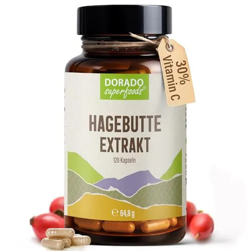 Hagebutte Extrakt Kapseln hochdosiert – 440 mg Hagebutte-Extrakt | 30 % Vitamin C | 120 Stück – 2-Monatsvorrat | Vegan & ohne Zusatzstoffe – Dorado Superfoods®