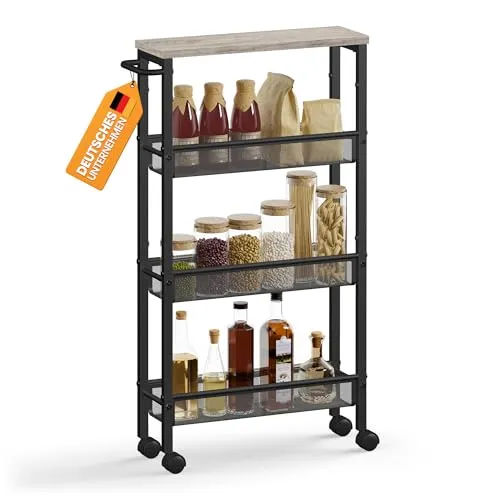 VASAGLE Rollwagen 4 Ebenen, Küchenwagen schmal, Nischenregal auf Rollen, Stahl, Griff, für kleine Räume, 13 x 45,5 x 77 cm, Küche, Bad, Wohnzimmer, Arbeitszimmer, Greige meliert-schwarz LRC032K01