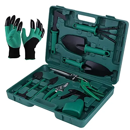 eROOSY 11-teiliges Gartenwerkzeug Gartenarbeitsset, Gartengeräte Set Handschuhe mit Krallen Gartengeräte mit Tragetasche, Geschenke für Gartenliebhaber