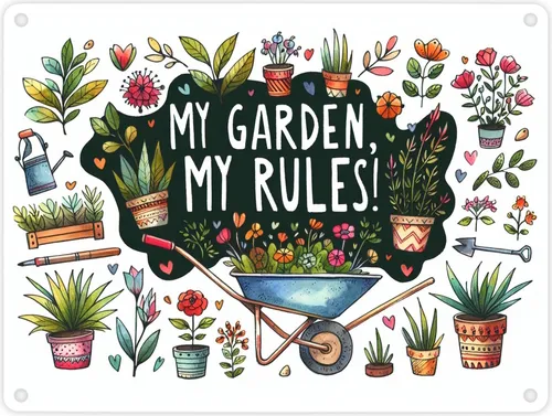 Schubkarre im Garten Metallschild in 15x20 cm mit Spruch My Garden, My Rules!