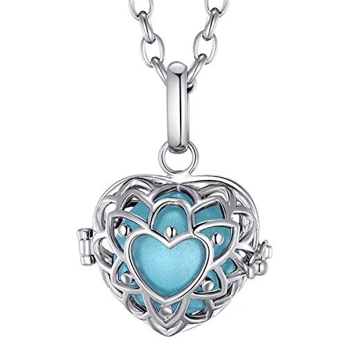 Morella Damen Halskette Edelstahl 70 cm mit Herzform Anhänger und Klangkugel hellblau Ø 16 mm in Schmuckbeutel