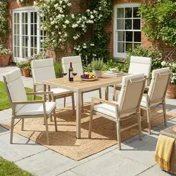 MODFU Outdoor-Sofaset Garten-Essgruppe für 6 Personen – Beige - Vielseitiges Gartenmöbel-Set mit Tisch und 6 Stühlen, ideal für drinnen und draußen. Atmungsaktive Sitze und rostresistenter Rahmen garantieren Komfort und Langlebigkeit für gesellige Runden und entspannte Momente.