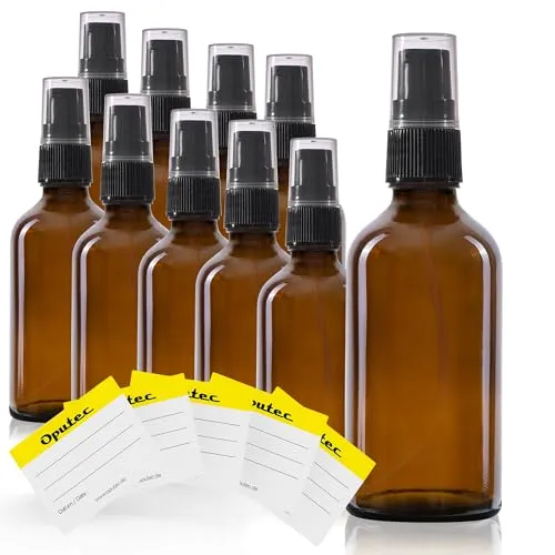 Oputec 10 x 50 ml Reise-Pumpspender Pumpflaschen aus Braunglas + 10 Etiketten - Kleine Mini Flaschen Cremespender Lotionspender zum Befüllen