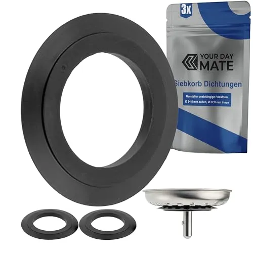 Lippendichtungen für Siebkörbchen, 3 Stück, in Schwarz, aus Gummi, Ersatz Dichtring mit Ø 54,5 mm außen, 32,8 mm innen, 4,8 mm Dicke, Küche Spülbecken Dichtungsring Abflusssieb, Siebkorbdichtung Spüle