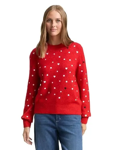 TOM TAILOR Denim Damen 1049088 Relaxed Fit Strickpullover mit Stickereien, 40014-Red with Hearts, M