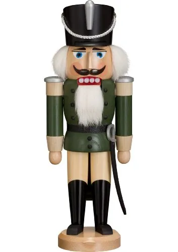 Seiffener Volkskunst Nussknacker Husar grün lasiert - Nussknacker aus dem Erzgebirge, handgefertigt, ca. 37 cm hoch, ein farbenfrohes Dekorationsstück, ideal für Sammler und Liebhaber traditioneller Volkskunst.
