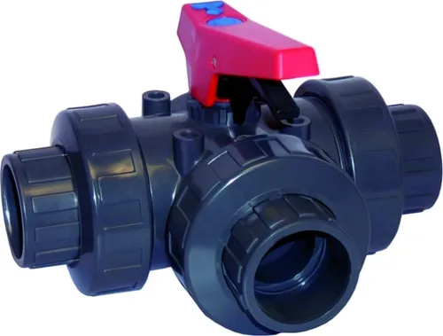 PVC Kugelhahn 3-Wege Muffe 50 für Bewässerungssysteme - Hochwertiger PVC Fitting mit 3-Wege Anschluss, ideal für die Verbindung in Bewässerungssystemen. Robuste und korrosionsresistente Bauweise für langlebige Nutzung.