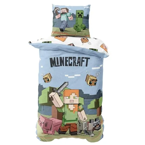 Minecraft Kinderbettwäsche 135x200 + 80x80 - Bettwaren-Set für Kinder, aus weicher Microfaser, ideal für Abenteurer und Minecraft-Fans. Pflegeleicht und langlebig, sorgt für süße Träume!