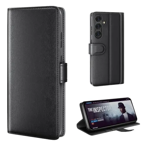phase9 Echtleder Handyhülle für Samsung Galaxy S25 FE Lederhülle Klapphülle Fliphülle Leder Case Cover Hülle Schutzhülle Kartenfächer Standfunktion Schwarz