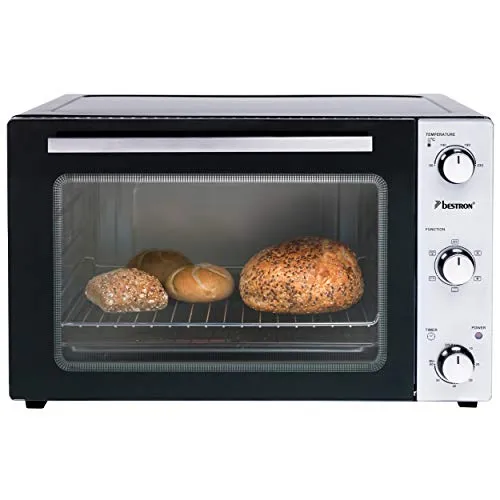 Bestron AOV45 2-in-1 Mini-Backofen mit Drehspieß - Minibackofen mit 45 l Garraum, 1800 W Leistung und praktischen Funktionen wie Umluft und Drehspieß für köstliche Gerichte. Ideal für Hähnchen und Pizza, leicht zu bedienen und einfach zu reinigen.
