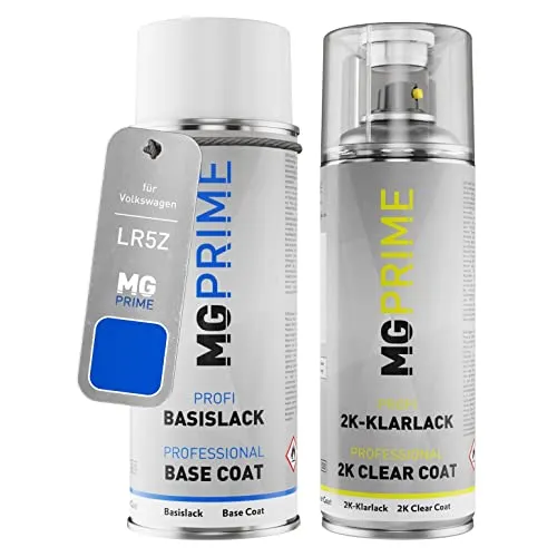 MG PRIME Autolack 2K Spraydosen Set für Volkswagen VW LR5Z / R5Z / 4C Rising Blue Metallic Basislack 2 Komponenten Klarlack Sprühdose