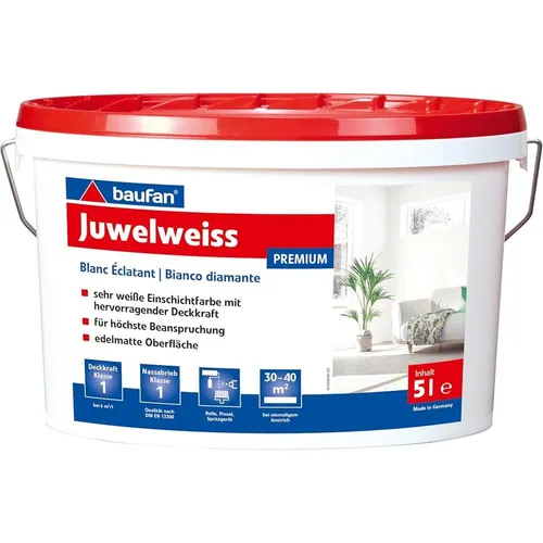 baufan Juwelweiss 5L Premium Wandfarbe - Matt & Hochdeckend - Hochdeckende, matte Innenfarbe in strahlendem Weiß für perfekte Wandgestaltungen. Ideal für eine gleichmäßige Anwendung mit der Rolle.