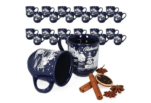 MamboCat Tasse 36er Set Glühweinbecher dunkelblau - Thermobehälter für Glühwein und Heißgetränke, 36er Set mit weihnachtlicher Landschaft, ideal für stimmungsvolle Abende und Weihnachtsmärkte.