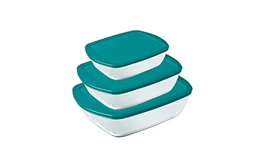 Pyrex® Cook & Store 3er Set Glasschalen mit Deckel - Praktisches Set mit 3 rechteckigen Glasschalen (0,4l, 1,1l, 2,5l) für Kochen und Aufbewahren. Ergonomische Deckel, stapelbar und spülmaschinenfest – ideal für eine platzsparende Lagerung.