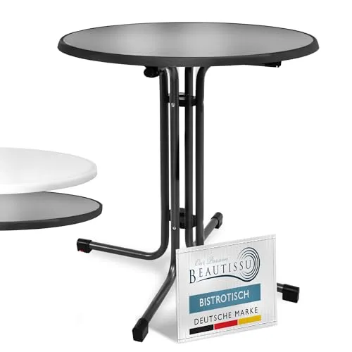 Beautissu Bistrotisch Outdoor Rund Ø 80 cm – Beistelltisch Balkontisch Stabiler Gartentisch Rund Klappbar 70 cm hoch – Campingtisch Partytisch Esstisch Gastro – Schwarz Bistroni