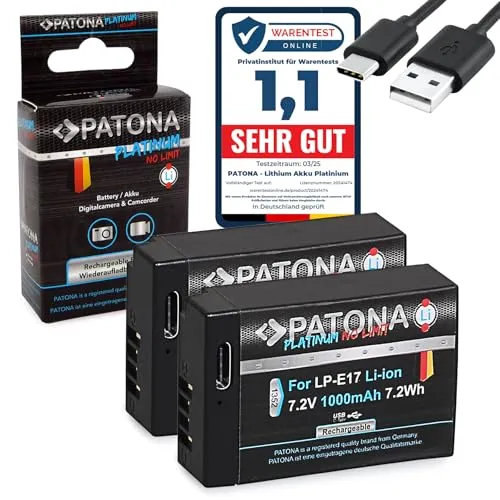PATONA 2X Platinum LP-E17 Akku 1000mAh USB-C Input kompatibel mit Canon EOS RP R8 R10 R50 R100 77D 200D 250D 750D 760D 770D 800D 850D 8000D M3 M5 M6 Mark II Kiss X8i X9 Rebel SL2 SL3 T6i LPE17 LP E17