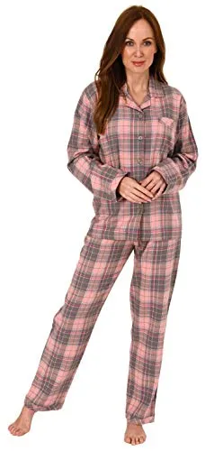 Damen Flanell Pyjama Schlafanzug kariert mit Knopfleiste und Hemdkragen - 202 201 15 600, Farbe:Karo grau, Größe:48/50