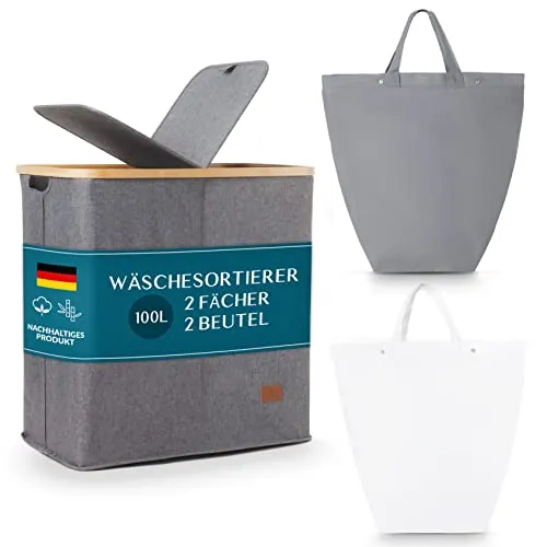 HOMIOL Wäschekorb mit Deckel - 100 Liter - XXL Wäschekorb mit 2 herausnehmbaren Wäschesäcken mit 2 Fächern
