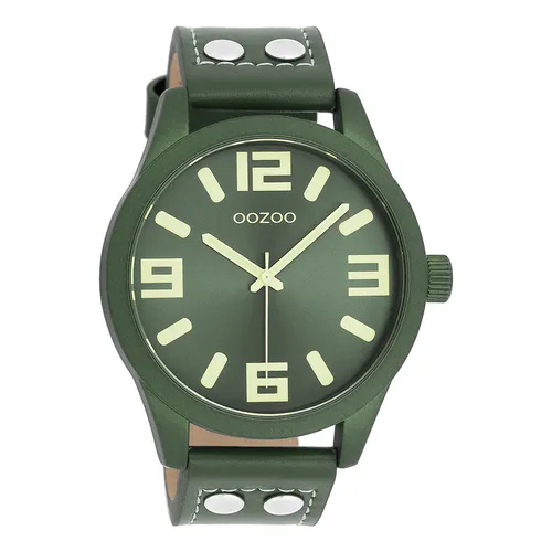 Oozoo Armbanduhr UOC1093A - grün Leder für Damen und Herren - Armbanduhren mit hochwertigem Miyota Quarzwerk, spritzwassergeschützt und extra groß (46mm) im trendigen grünen Design. Ideal für modebewusste Damen und Herren.