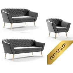 Couchgarnitur Grau Wohnzimmerset 3+2+1 Sitzer Samt Hohe Holzfüße Buche - Grau