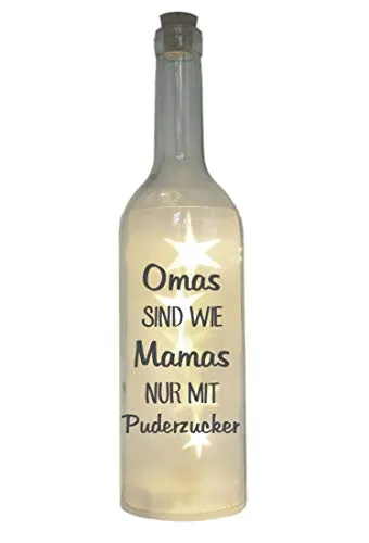 WB wohn trends LED-Flasche mit Motiv, Omas sind wie Mamas nur mit Puderzucker, grau, 29cm, Flaschen-Licht Glitzer-Flasche Leuchtflasche Lampe mit Text Spruch
