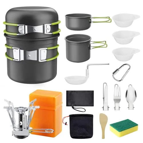 Aischens Camping Kochgeschirr Set, Camping Geschirr Set mit Gaskocher, Outdoor Kochgeschirr Topfset Faltbar, Kit Leicht Aluminium Kochset für BBQ, Wandern,Picknick, für 1-2 Personen