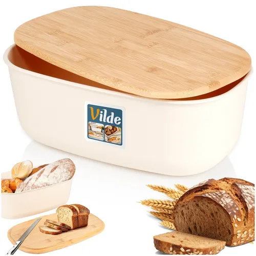 Brotkasten mit Holzbrett Brotkorb Brotbox Brotbehälter creme, 39x23,5x15,5 cm