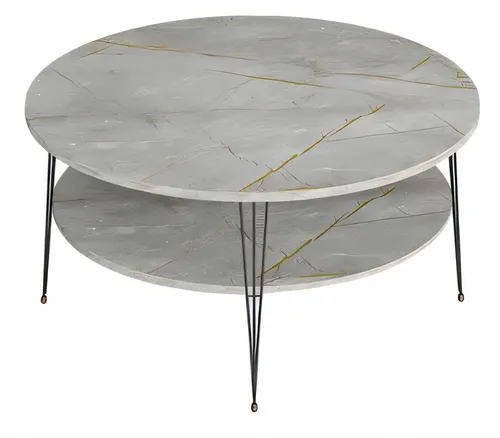 Moderner grauer Couchtisch aus Holz mit Edelstahlakzenten