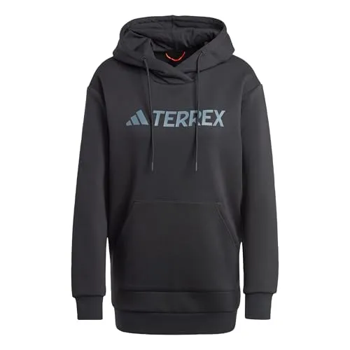 adidas Damen Terrex Multi Large Logo Hoodie, Black, L - Sweatshirt aus 70 % recyceltem Material, mit angorauter Innenseite und praktischer Kängurutasche – ideal für Sport und Freizeit.