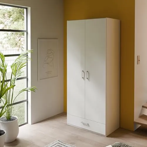 Forte ECONOBOX Kleiderschrank 90 – Klassischer Schrank mit 2 Türen und Schublade - Platzsparender Kleiderschrank in Weiß mit klaren Linien. Ideal für Schlafzimmer und Flure. Einfache Montage dank beiliegender Anleitung und Materialien.