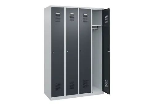 CP-Möbel Spind Basis PLUS, anthrazit, 4 Abteile - Roll- & Standcontainer mit stabiler Stahlkonstruktion, Zylinderschloss und optimaler Belüftung, ideal für sichere Aufbewahrung in Büros und Gemeinschaftsräumen.