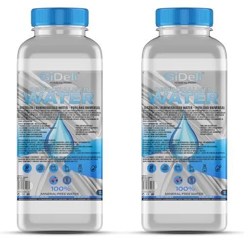 GiDeli Demineralisiertes Wasser 2 x 1L Destilliertes Wasser für Bügeleisen, Batterien, Kühler, Luftbefeuchter, Aquarium & Labor Wasser ohne Kalk, geruchlos, klar