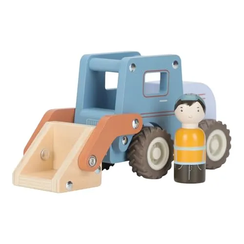 Little Dutch Bagger Bulldozer Auto mit Spielfigur Holz für Kinder - blau