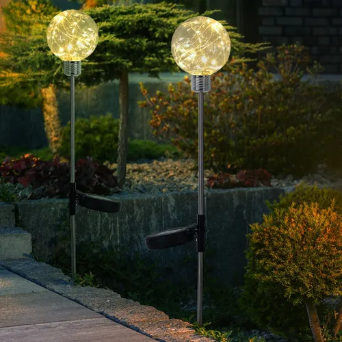 2x LED Solar Kugel Steck Lampen für den Außenbereich - Dekorative Solarleuchten für Garten und Terrasse, mit Lichtsensor und IP44 Schutz, bieten warmweißes Licht für bis zu 8 Stunden. Energieeffizient und einfach zu installieren.