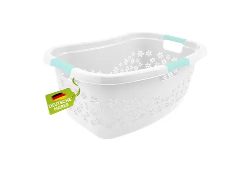 homesti Wäschekorb ergonomischer Wäschekorb weiß/aquamarin 50 L mit Soft-Touch-Griffen, an den Körper angepasste Nierenform