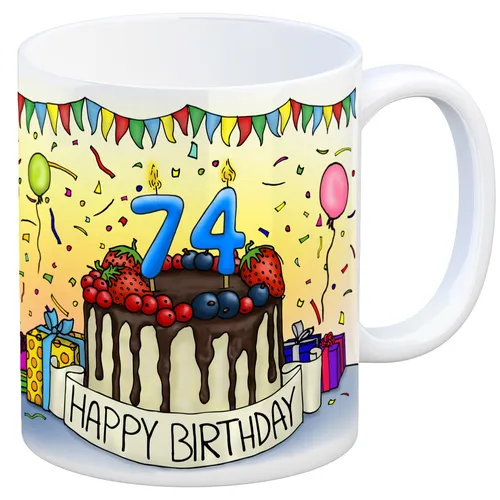 74. Geburtstag Tasse mit Kuchen und Geschenk und Anhänger: zum 27029. Tag