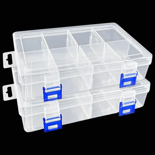 Xpieoyrm 2 Stück Aufbewahrungsbox für Kleinteile, Rechteckige Sortierboxen mit 8 Verstellbaren Fächern und Deckel, für Schrauben, Perlen, Saatgut und Schmuck, Stabiler Organizer für im Haushalt