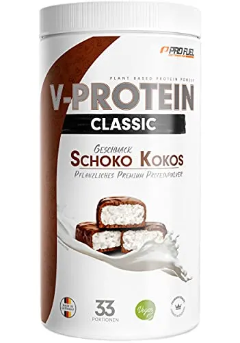 Vegan Protein Pulver SCHOKO-KOKOS 1kg - V-PROTEIN - Pflanzliches Eiweißpulver auf Erbsenprotein-Basis mit 71% Eiweiß-Gehalt - optimale Protein-Wertigkeit - veganer Protein-Shake ohne Soja & Weizen