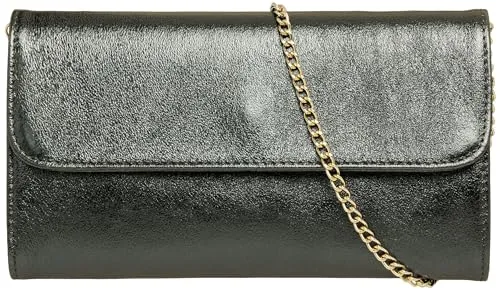 Caspar Echt Leder Clutch Abendtasche Damen Handtasche aus Wildleder im Metallic Stil - PREMIUM LINE - Modell No.779 - Made in Italy, Farbe:anthrazit metallic (Goldkette), Größe:One Size