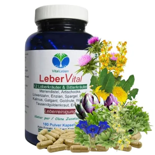 Leber Vital Komplex 180 Kapseln - 12 Kräuter & Bitterstoffe für Ihre Lebergesundheit - Präparate zur Entgiftung & Detox-Kur mit 12 wertvollen Kräutern und Bitterstoffen, 100% naturrein, ohne Zusatzstoffe für ein harmonisches Wohlbefinden.