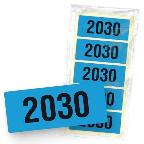 itenga 50x Jahresetiketten Ordner Inhaltsschild Jahreszahl I Aufkleber für Akten selbstklebend aus Haftpapier Rechteckig 6x2,5cm (Kalenderjahr 2030 blau)