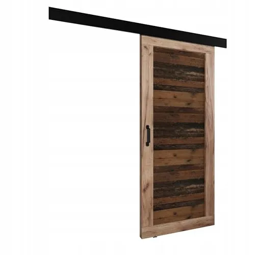 KIER FURNITURE Schiebetür Komplettset - Tür mit Laufschiene - Schiebetürsystem - Raumspartür - Innentüren - Sliding Door Set - Links & Rechts - Eiche Craft & Old Style - Breite 86 cm